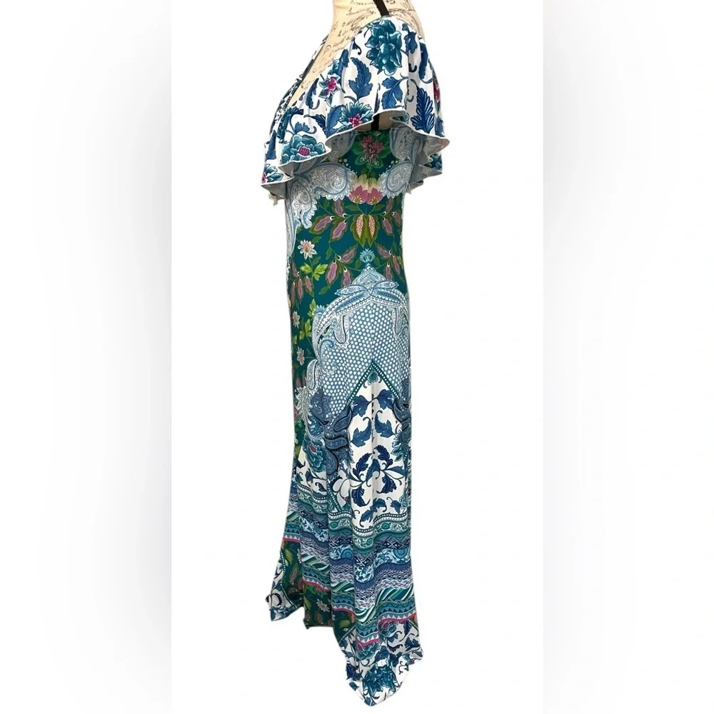 Hale Bob Floral Resort Maxi Dress XS Blue Green Ruffle Neck EUC